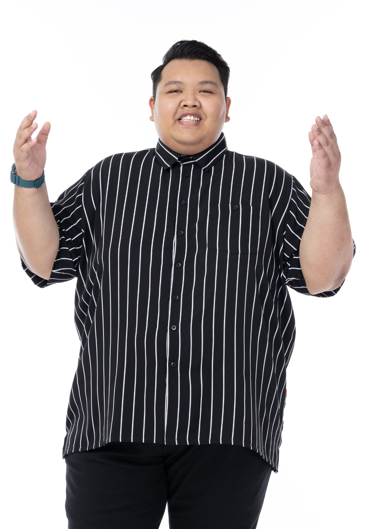 A plus-size male model wearing a black shirt with white stripes #color_black