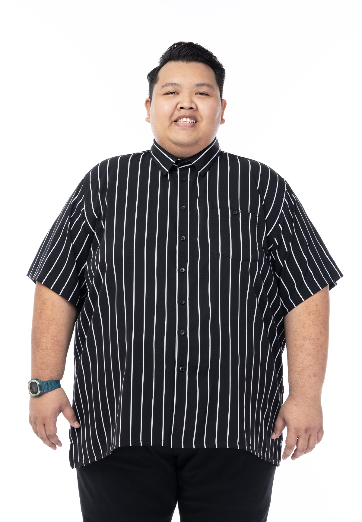 A plus-size male model wearing a black shirt with white stripes #color_black
