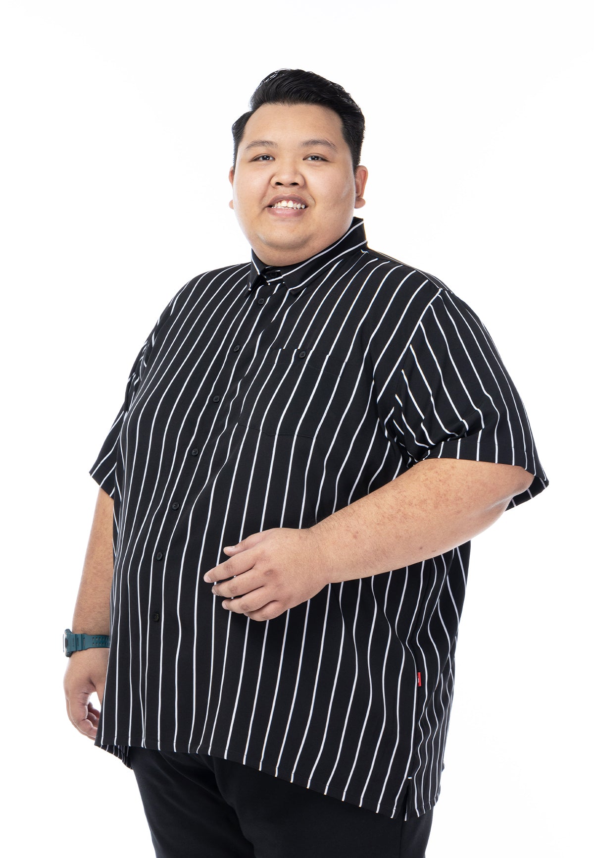 A plus-size male model wearing a black shirt with white stripes #color_black