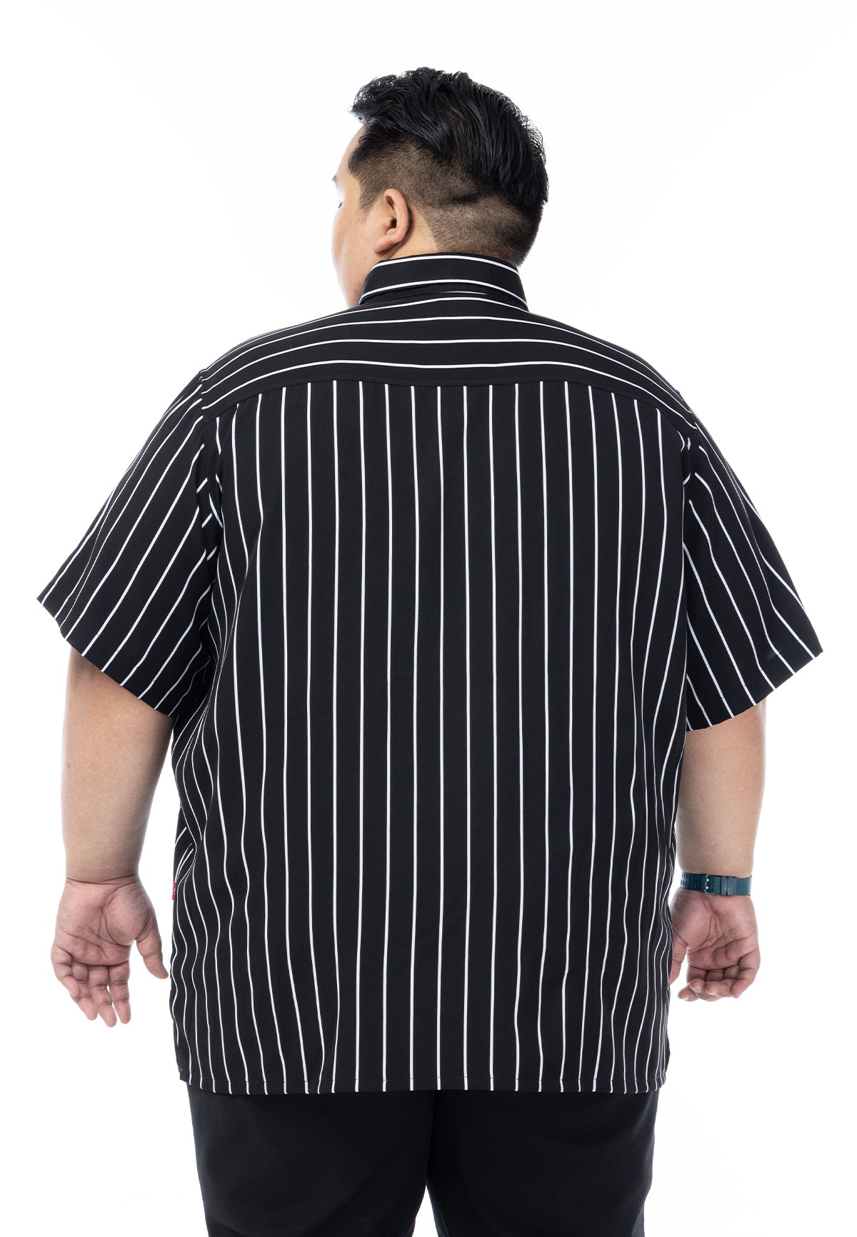 A picture of the back of the shirt worn by a plus-size male model in a black shirt with white stripes #color_black