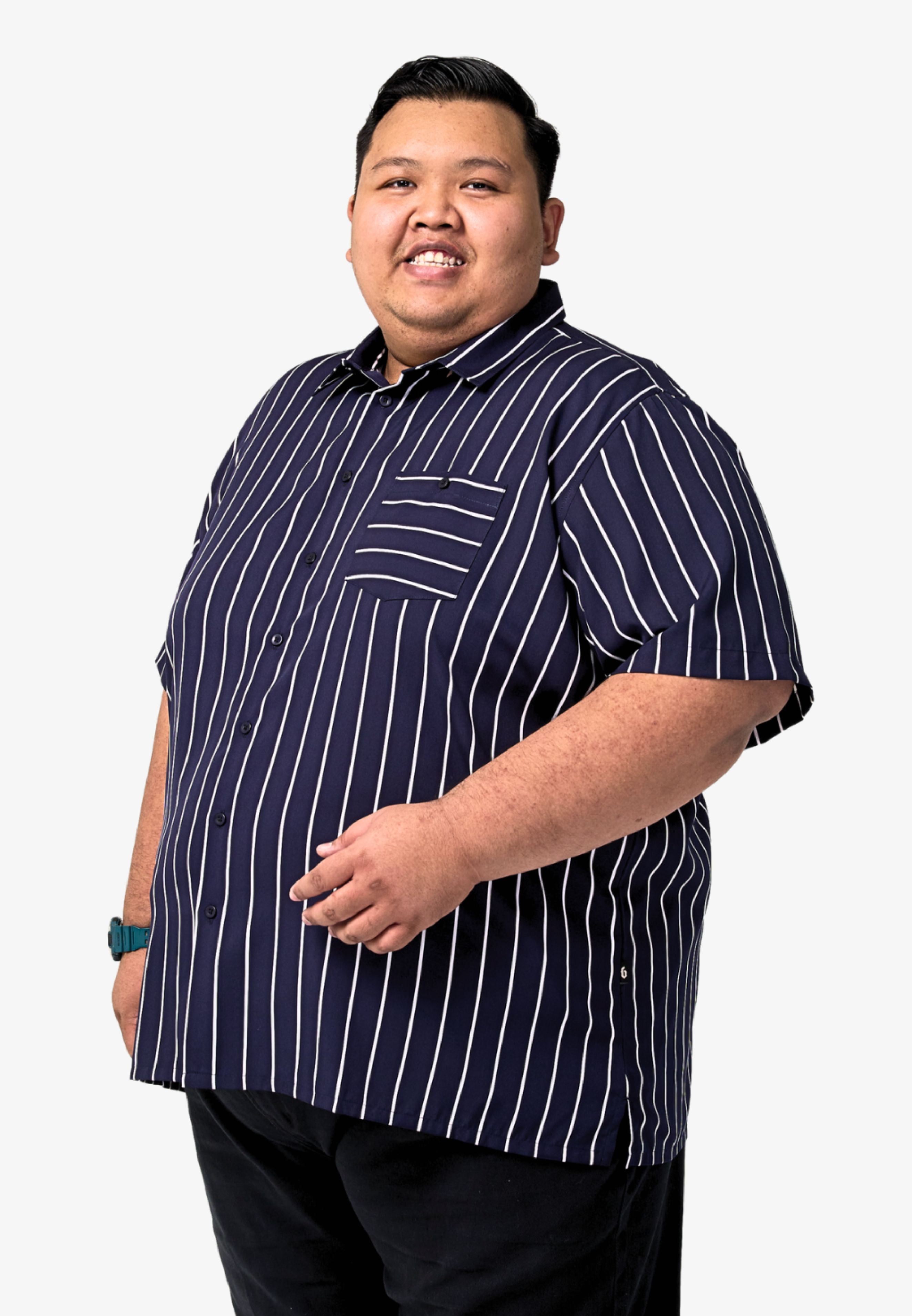 A plus-size male model wearing a dark blue shirt with white stripes #color_dark blue