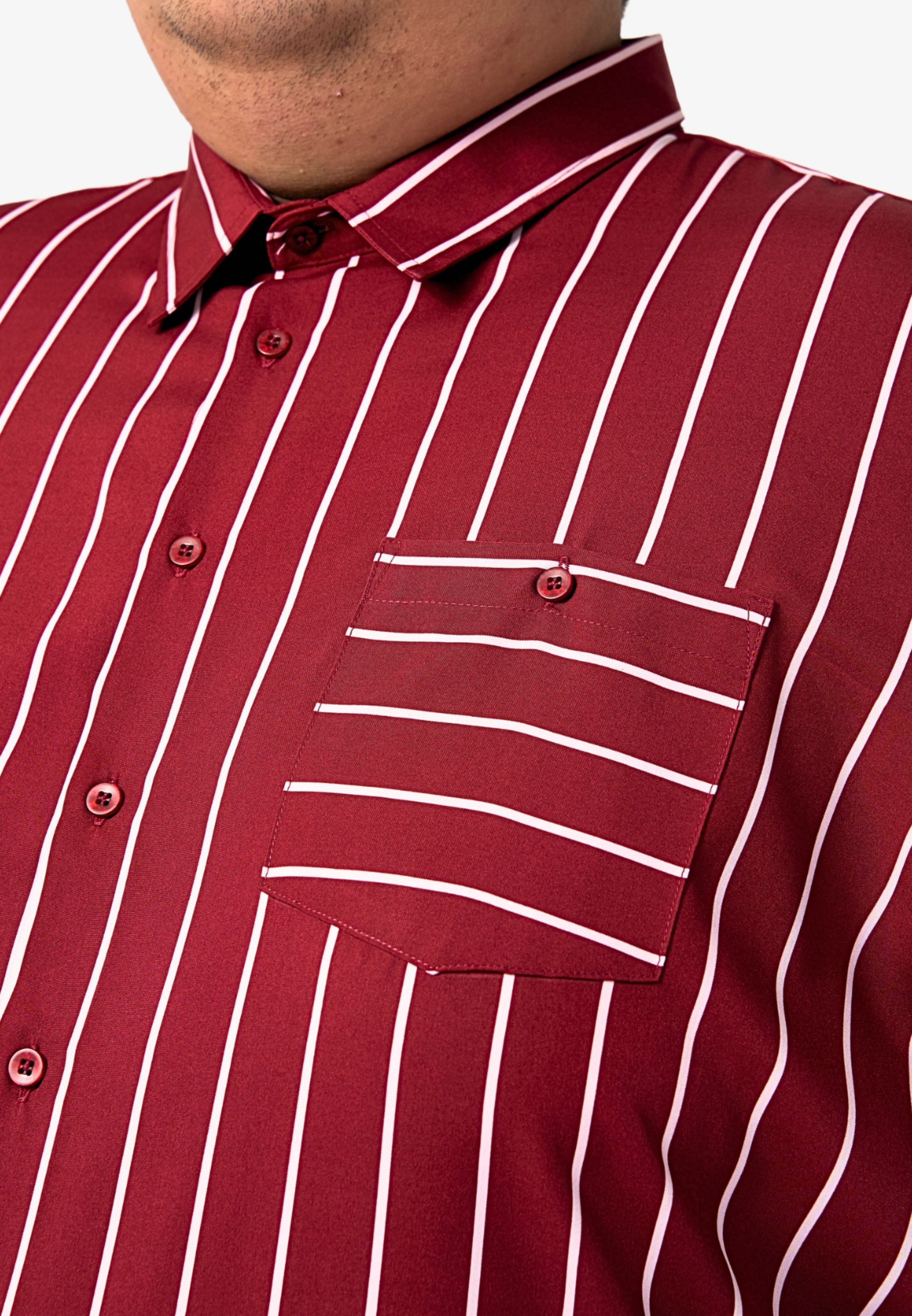 A close up of pointed collar and left chest pocket with button for maroon shirt with white stripes #color_maroon