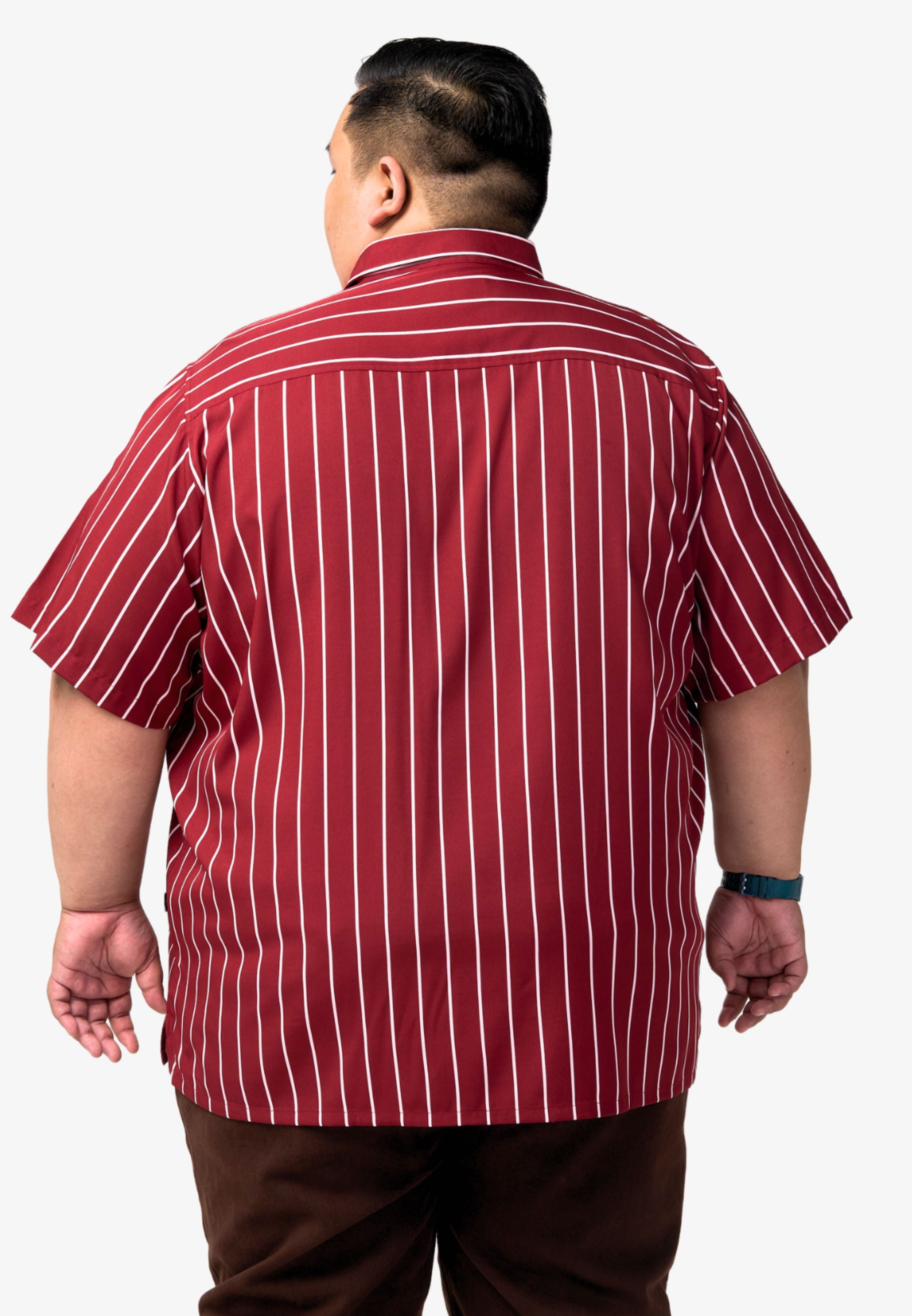 A picture of the back of the shirt worn by a plus-size male model in a maroon shirt with white stripes #color_maroon