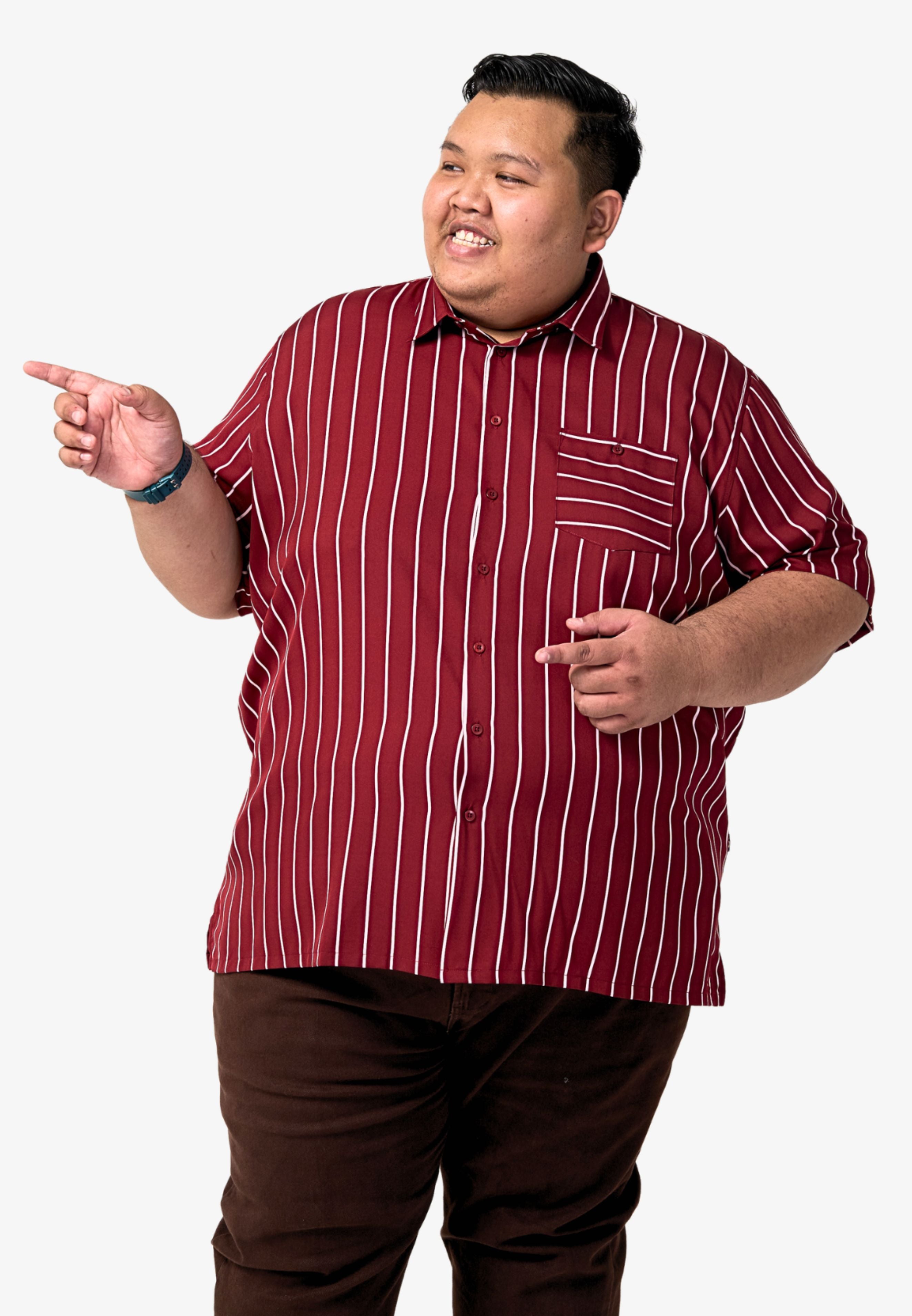 A plus-size male model wearing a maroon shirt with white stripes #color_maroon