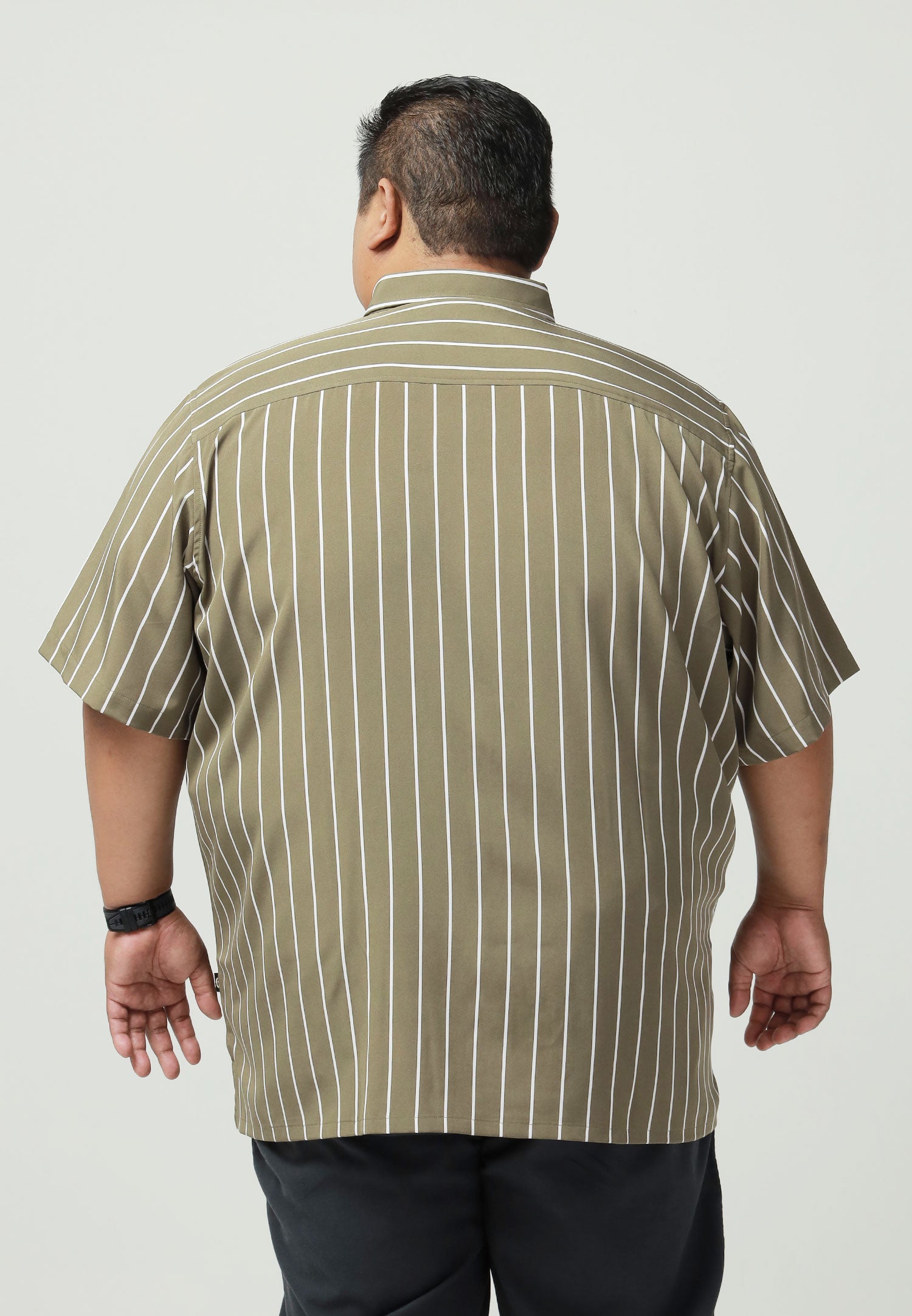 A picture of the back of the shirt worn by a plus-size male model in a olive green shirt with white stripes #color_olive green
